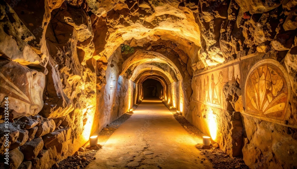 Naklejka premium Glowing Pathway Through Ancient Rock Cave with Mystical Paintings