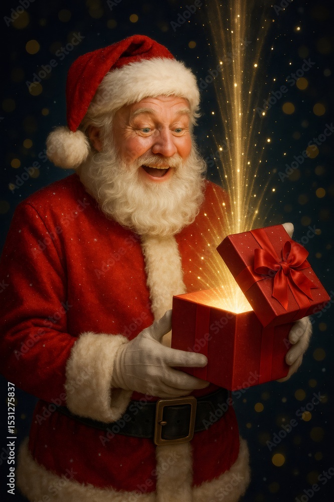 Santa Claus looking surprised while opening a Christmas gift box with a magic glow coming out of it Santa Claus looking surprised while opening a Christmas gift box with a magic glow coming out of it