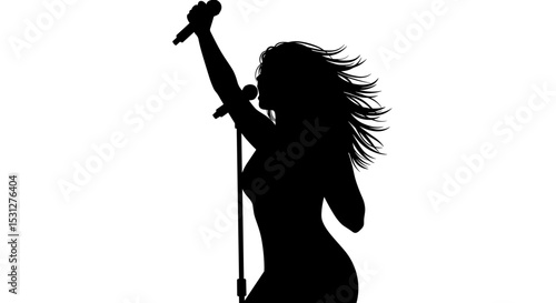 Female singer performing with microphone in silhouette style  