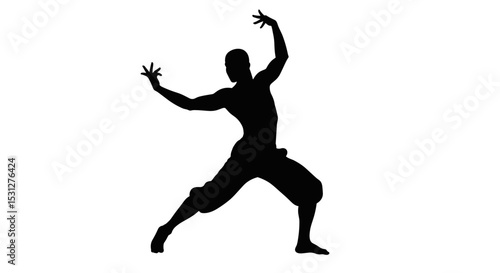Silhouette of a dancer striking a pose against a white background  