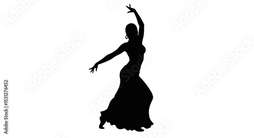 Silhouette of a woman dancing in a flowing dress against white background  
