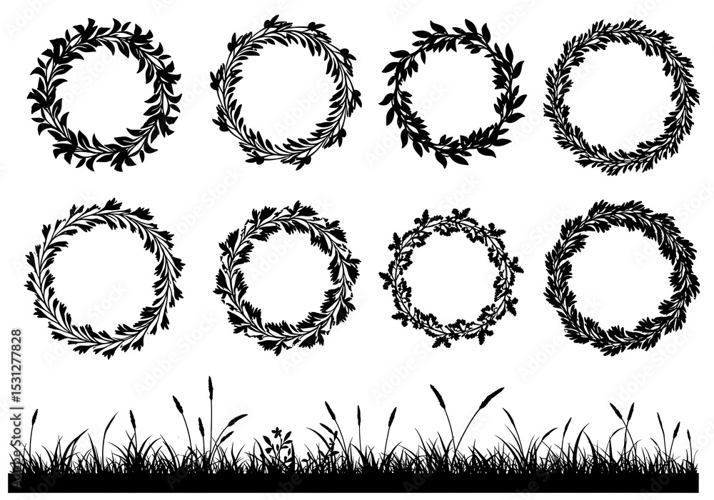 Obraz premium Collection of leaf wreaths and grass isolated on white background