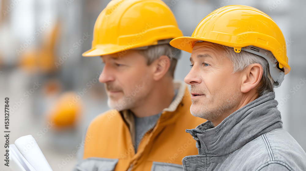 Two construction workers review plans on site, showcasing teamwork and safety in a busy work environment. Two construction workers review plans on site, showcasing teamwork and safety in a busy work environment.