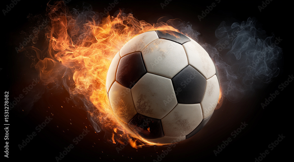 Naklejka premium A soccer ball is engulfed in flames, creating a thrilling spectacle of energy Generative AI
