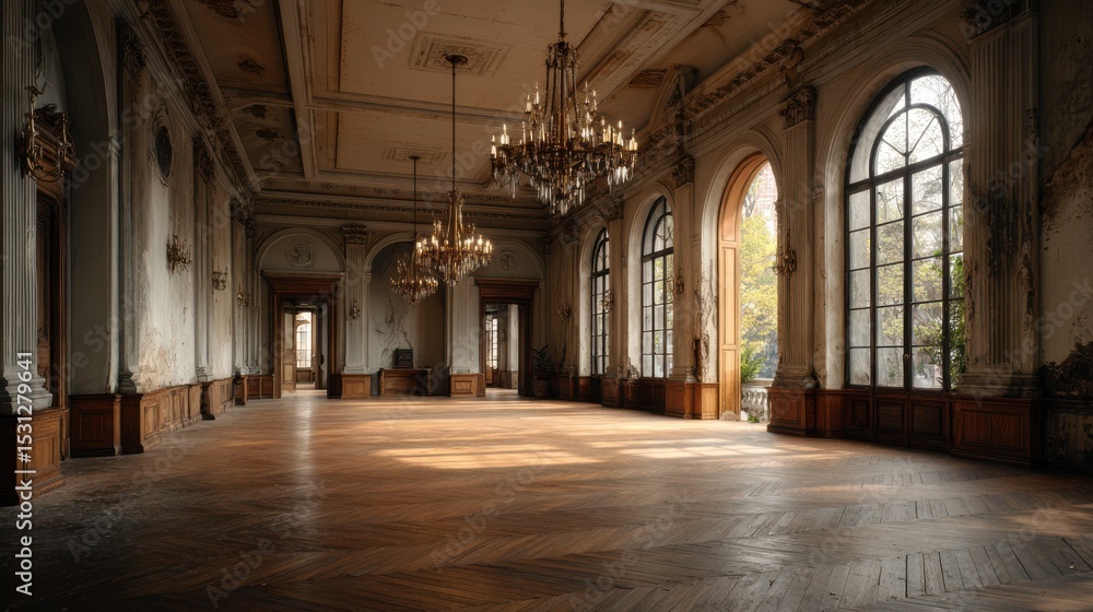 Deserted ballroom with tall windows, chandeliers unlit, wooden parquet flooring, and a faded elegance lingering in the quiet space Deserted ballroom with tall windows, chandeliers unlit, wooden parquet flooring, and a faded elegance lingering in the quiet space