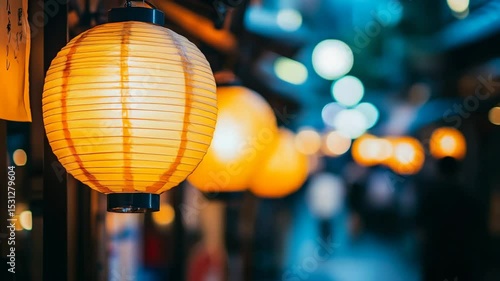 Illuminated paper lanterns in a night market