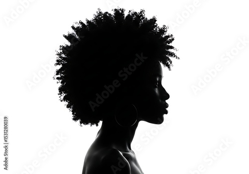 Woman with afro hairstyle in silhouette isolated on white background