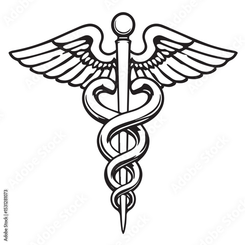 Caduceus medical symbol black and white illustration