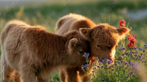 Fluffy Highland Calf Smelling Wildflowers