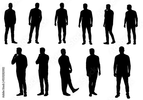 Silhouettes of men in various poses isolated on white background