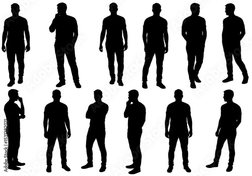 Silhouettes of men in various poses isolated on white background