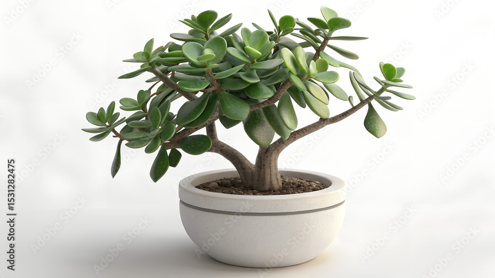 Fototapeta premium Photo of a vibrant jade plant with rounded leaves in a simple white pot, isolated on white background