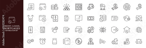 Credit, Loans and Mortgages web icons in outline style. Credit card, deposit, car leasing, rate interest, calculator, income, rating, collection. Editable stroke outline icon