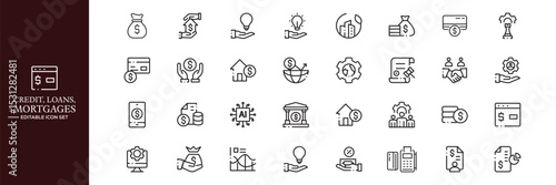 Credit, Loans and Mortgages web icons in outline style. Credit card, deposit, car leasing, rate interest, calculator, income, rating, collection. Editable stroke outline icon