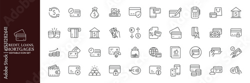 Credit, Loans and Mortgages web icons in outline style. Credit card, deposit, car leasing, rate interest, calculator, income, rating, collection. Editable stroke outline icon