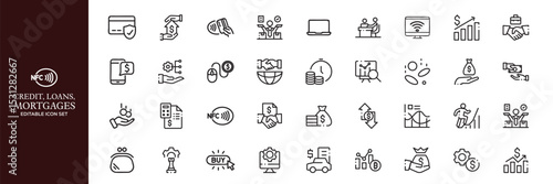 Credit, Loans and Mortgages web icons in outline style. Credit card, deposit, car leasing, rate interest, calculator, income, rating, collection. Editable stroke outline icon