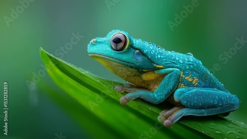 Turquoise Tree Frog Resting On Green Leaf