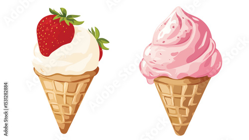 Delicious Strawberry and Vanilla Ice Cream Vector Isolated on White Background