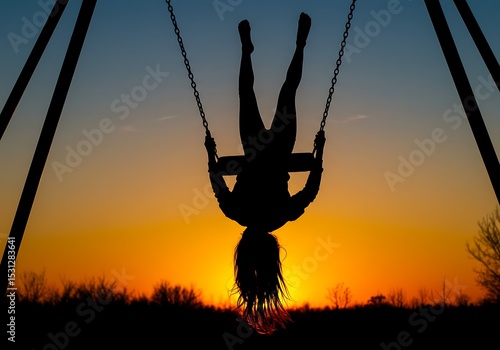 Silhouette of a child hanging upside down on a swing at sunset