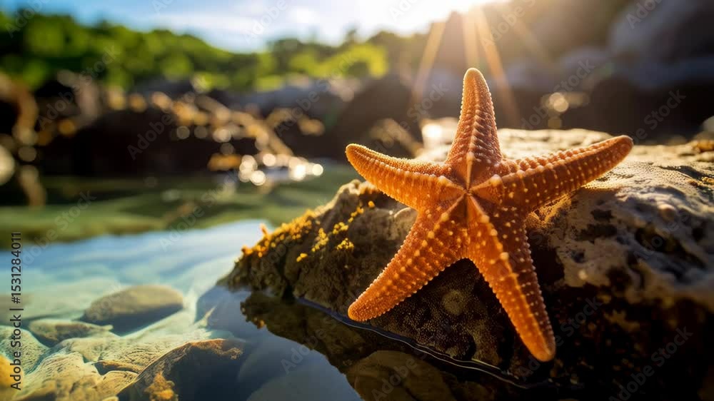 Orange starfish resting on rocky shore with sunlit water in tropical landscape nature scene near tropical riverbank and lush green vegetation Orange starfish resting on rocky shore with sunlit water in tropical landscape nature scene near tropical riverbank and lush green vegetation