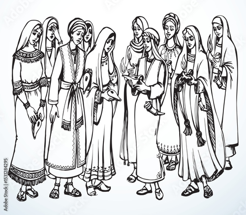 Vector drawing. 10 girls with lamps