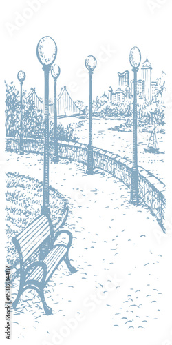 Vector drawing. Bench in the park