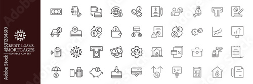 Credit, Loans and Mortgages web icons in outline style. Credit card, deposit, car leasing, rate interest, calculator, income, rating, collection. Editable stroke outline icon