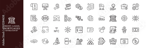 Credit, Loans and Mortgages web icons in outline style. Credit card, deposit, car leasing, rate interest, calculator, income, rating, collection. Editable stroke outline icon