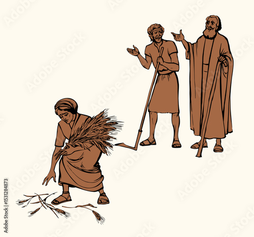 Vector drawing. Ruth and Boaz in the field