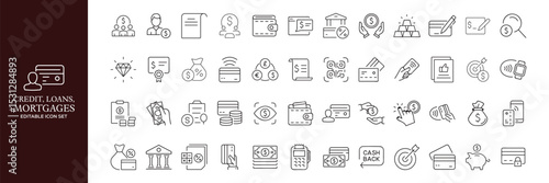 Credit, Loans and Mortgages web icons in outline style. Credit card, deposit, car leasing, rate interest, calculator, income, rating, collection. Editable stroke outline icon