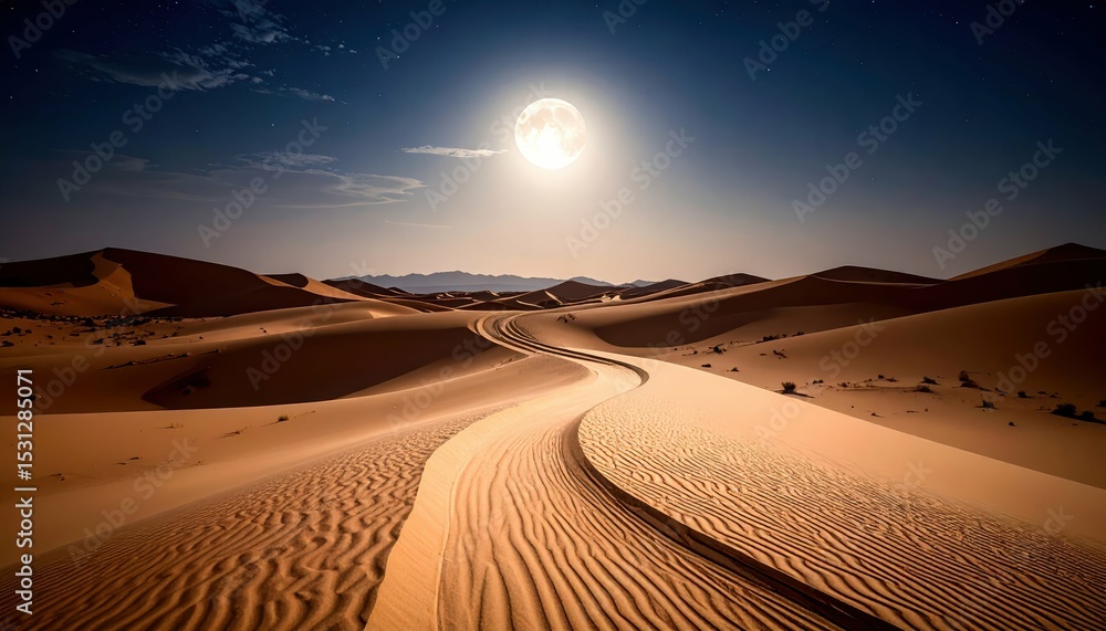 Naklejka premium Serene Pathway of Swirling Sand Dunes Under Moonlight at Night