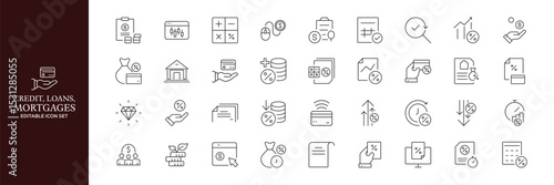 Credit, Loans and Mortgages web icons in outline style. Credit card, deposit, car leasing, rate interest, calculator, income, rating, collection. Editable stroke outline icon