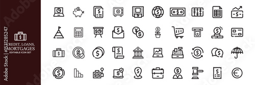Credit, Loans and Mortgages web icons in outline style. Credit card, deposit, car leasing, rate interest, calculator, income, rating, collection. Editable stroke outline icon