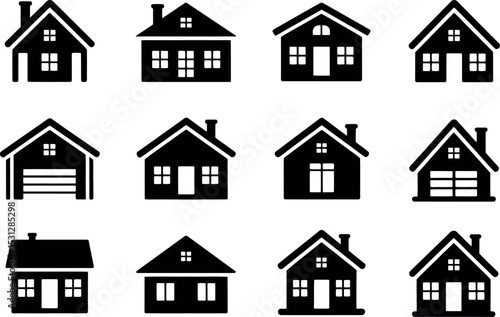 Set of black house icons in different architectural styles vector illustration.