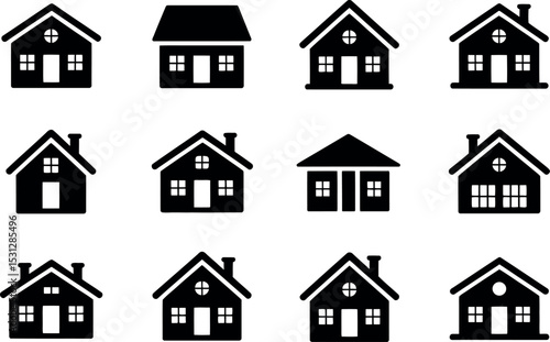 Set of black house icons in different architectural styles vector illustration.