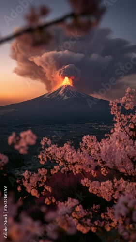 Volcanic Eruption Behind Pink Spring Blossoms