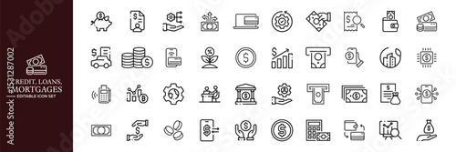 Credit, Loans and Mortgages web icons in outline style. Credit card, deposit, car leasing, rate interest, calculator, income, rating, collection. Editable stroke outline icon