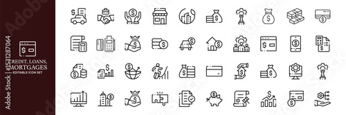 Credit, Loans and Mortgages web icons in outline style. Credit card, deposit, car leasing, rate interest, calculator, income, rating, collection. Editable stroke outline icon