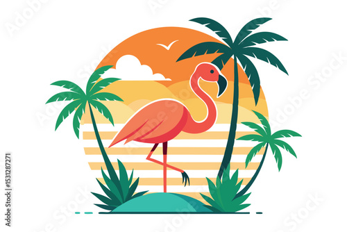 Flamingo and Summer Vibes T Shirt Vacation Style with Palm Tree Tropical Vector Illustration