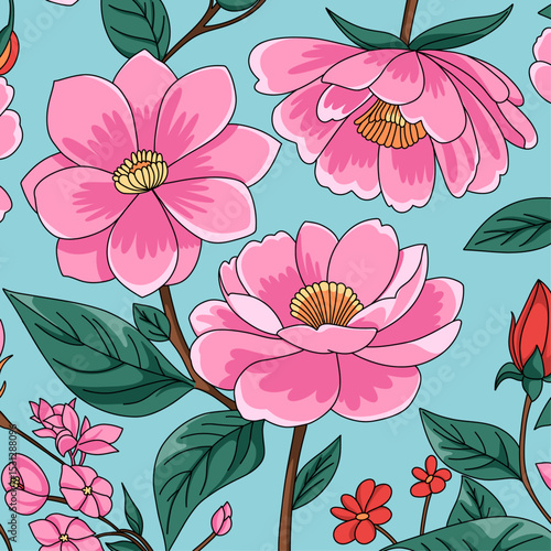 Seamless Floral Pattern with Leaves, Pink Peonies and Red Roses on a Light Blue Background