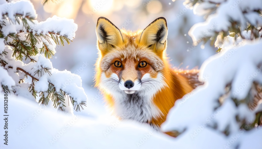 Fototapeta premium Fox portrait in winter wonderland, snow covered pine branches, golden hour light