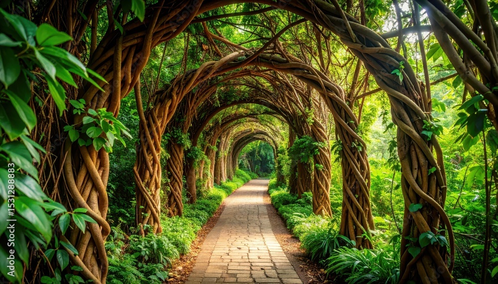 Obraz premium Serene Pathway of Woven Vines Creating a Natural Tunnel in Jungle