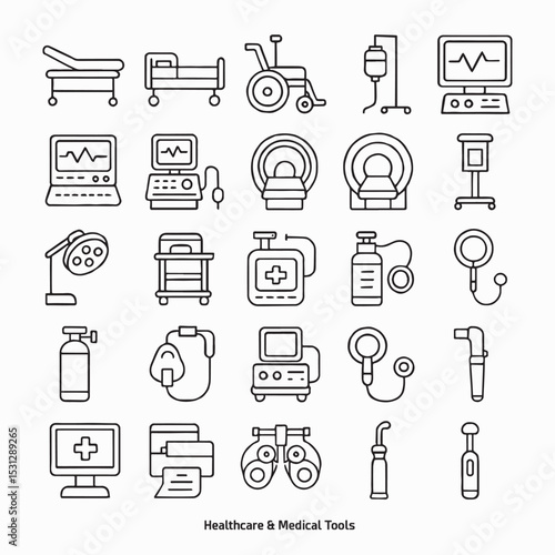 Hospital Equipment and Medical Devices Line Icon Set