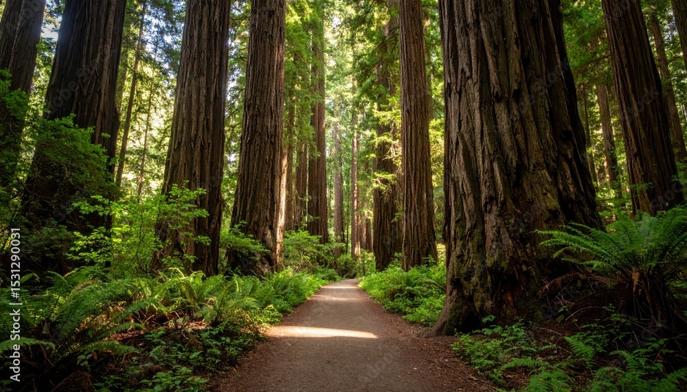 Fototapeta premium Serene Pathway Through Dense Forest of Towering Ancient Redwoods