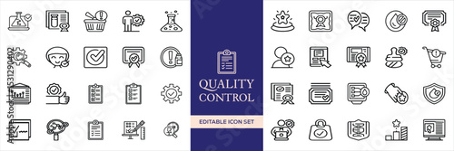 Quality control set of web icons in line style. Quality Check computing icons for web and mobile app. Containing inspection, evaluation, production, quality assurance, certificate, testing and more