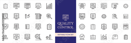 Quality control set of web icons in line style. Quality Check computing icons for web and mobile app. Containing inspection, evaluation, production, quality assurance, certificate, testing and more