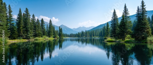 A serene lake reflects dense pine trees and distant mountains under a clear blue sky, creating a peaceful natural landscape.
