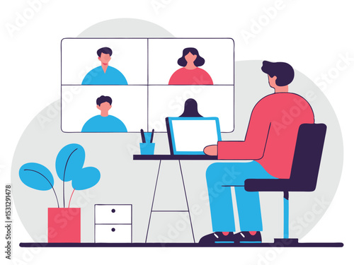 Remote Team Collaboration Man on Video Call with Colleagues from Home Office