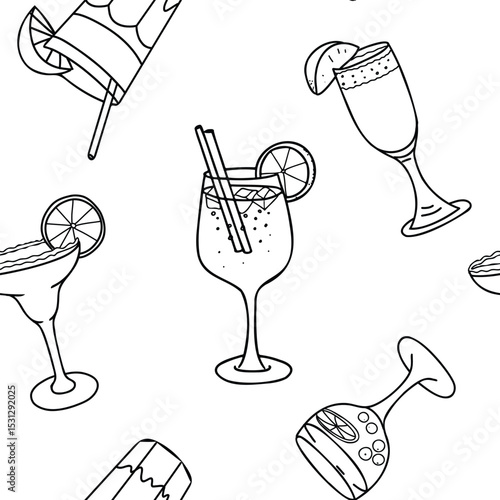 Cocktails Seamless pattern. Aperol Spritz, Margarita, Bellini, Tequila Sunrise and Sangria. Hand drawn graphic Vector illustration in Doodle style.
