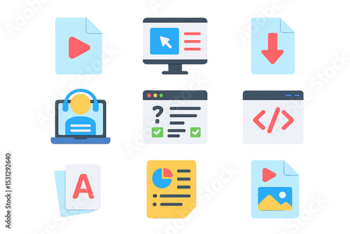 Digital icons for online content and web development concepts